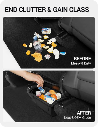 BASENOR Tesla Model Y Juniper Rear Center Console Organizer, TPE Dustproof Trash Can with Anti-Slip Lid, Garbage Bin Backseat Storage Box for 2025 2026 Model Y
