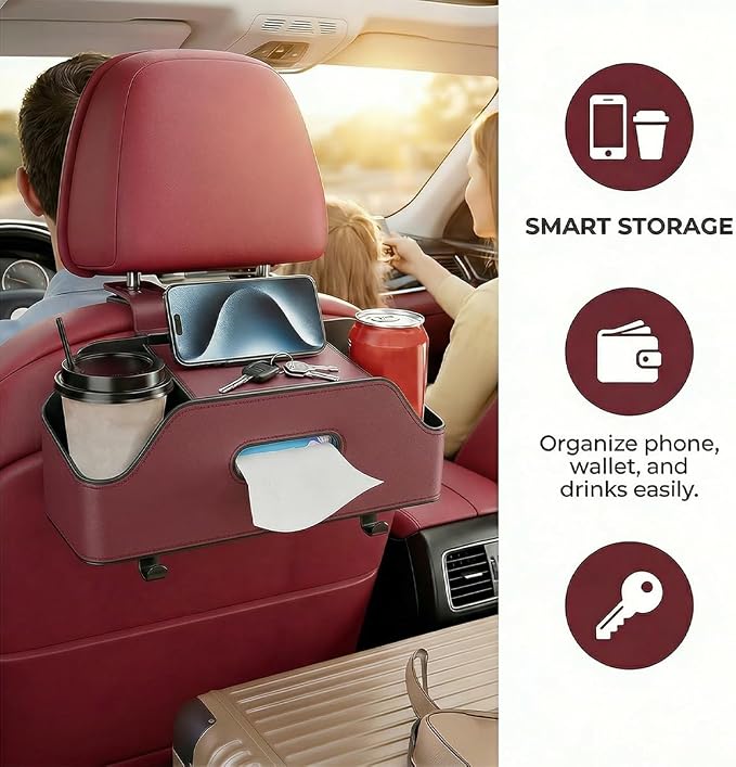 Car Backseat Headrest Organizer, Multifunctional 4-in-1 Back Seat Tissue Box with Cup Holders Hooks, Auto Seat Back Storage Organizer for Hold Phones, Drinks, Bags, Universal Fit (Red)