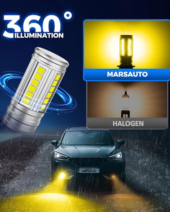 Marsauto 9145 H10 LED Fog Lights Bulbs Yellow, 12,000LM 9140 9145 LED Fog Light Bulbs, 360° Illumination 600% Bright 3000K Amber, Upgraded 60 Pcs Chips 9145 H10 Yellow Fog Lights, Accessory Light Kits