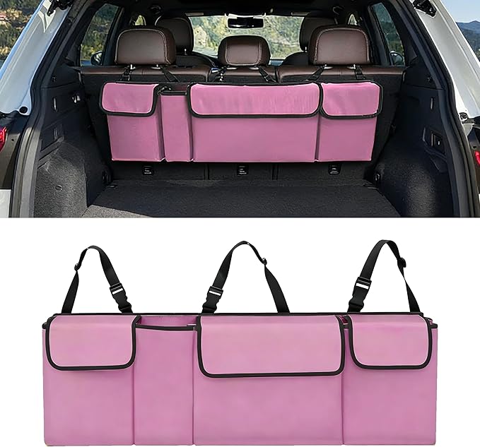 Car Trunk Organizer, Waterproof Backseat Hanging Large Storage with Adjustable Straps, Collapsible Cargo Bag with 4 Pockets, Car Interior Accessories for Truck, SUV, MPV (Pink)