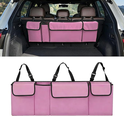 Car Trunk Organizer, Waterproof Backseat Hanging Large Storage with Adjustable Straps, Collapsible Cargo Bag with 4 Pockets, Car Interior Accessories for Truck, SUV, MPV (Pink)