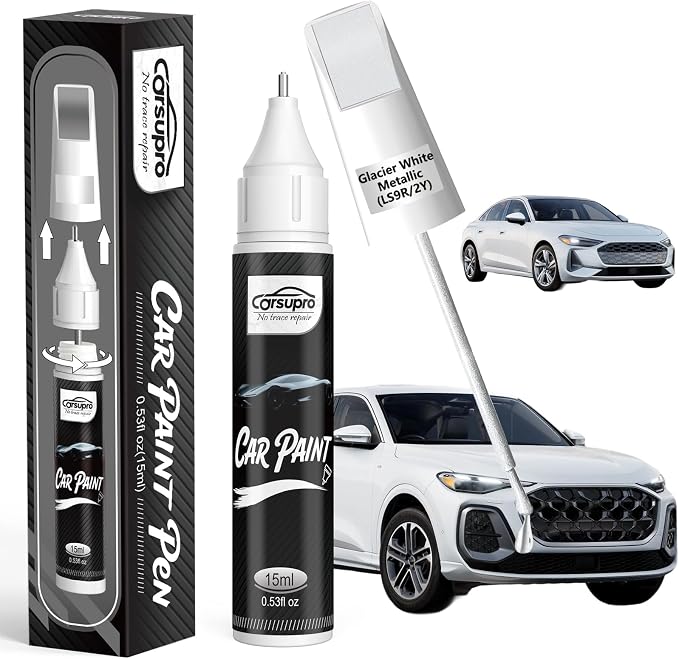 Glacier White Metallic(LS9R/2Y) for Audi Touch Up Paint Pen, 2 in 1 Car Scratch Remover with Pen Tip and Brush, Precise Color Match for Car Paint Scratch Repair, Quickly and Easily Fix Chips and Nicks