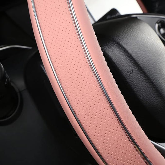 ALEMODR Pink Leather Steering Wheel Cover Fiber Strip Car Steering Wheel Cover Universal 15 inch for Women Girls