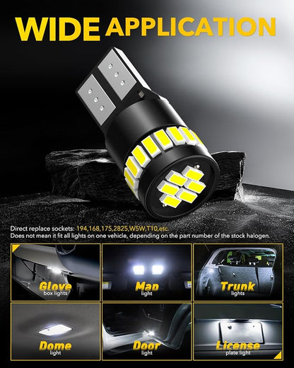 AUXITO 194 LED Bulb 6000K White Canbus Error Free, 168 175 2825 W5W T10 LED Replacement Light Kit for Car Interior Map Marker License Plate Parking Dome Lights, Pack of 4