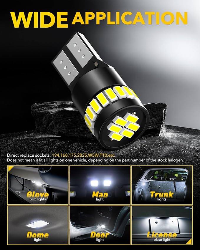 AUXITO 194 LED Light Bulb 6000K White 168 2825 W5W T10 Wedge 24-SMD 3014 Chipsets LED Replacement Light Kit Error Free for Car Interior Dome Map Door License Marker Lights, Pack of 10