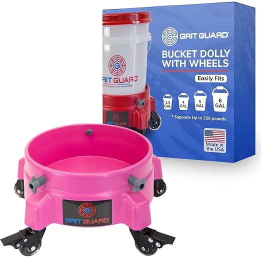 GRIT GUARD Bucket Dolly with Wheels - Rolling Detailing Wash Bucket with 5 Wheels and 2 Locking Casters Compatible with 2.5, 4, 5 and 6 Gallon Buckets (Pink, 2" Roller Bearing) - Made in the USA
