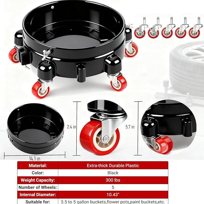 1 Pc 5 Gallon Bucket Dolly 11 Inch 1 Black Set | 1 car Washing Glove 5 Heavy Duty Wheel Casters 360°Rolling Connectable Locking Black Set for Car Wash Garden & Garage