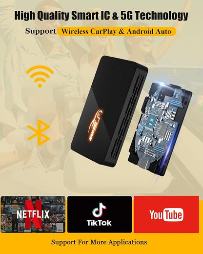 KAMING Wireless CarPlay Adapter, Build in YouTube Tiktok and More, Wireless Android Auto Adapter Plug and Plug, Magic Box 2025 Upgrade for OEM Wired CarPlay Cars