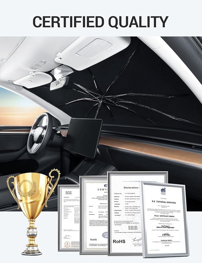 BASENOR 2017-2026 Tesla Model Y Model 3 Windshield Sunshade Umbrell [Nano Ice Crystal Particle] Front Window Shade, Coating 100% Heat Protection Retractable Sunshades