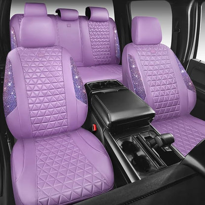 CAR PASS Light Purple Bling Diamond Leather Car Seat Covers Full Sets, Waterproof Shining Glitter Sparkly Crystal Universal Armrest Fit for Automotive Truck SUV Cute Women Girl,Lavender Rhinestone