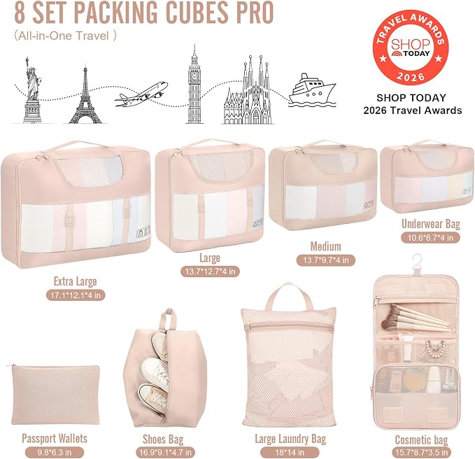 Veken 8 Set Packing Cubes for Cruise Ship Essentials,Beach Vacation Travel Accessories with Hanging Toiletry Bag,Suitcase Organizer for Luggage,Personalized Birthday & Retirement Gifts for Women Mom