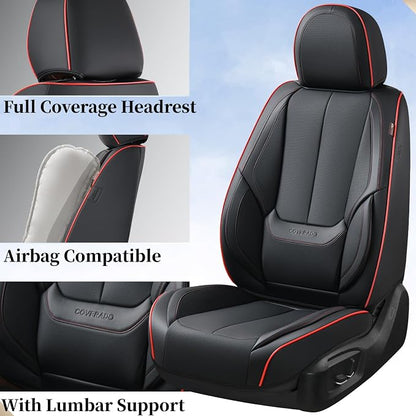 Coverado Seat Covers, Car Seat Covers Full Set, Leather Seat Covers for Cars, Car Seat Protector, Black Car Seat Covers Front Seats and Back Seats Universal Fit for Most Cars Redline