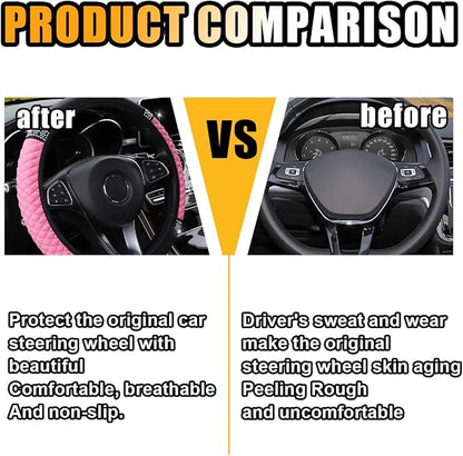 Bling Soft Leather Steering Wheel Cover, 15 Inch Colorful Rhinestones Auto Elastic Protector with Crystal Diamond for Women Girls, Car Accessories for Most Cars, SUVs (Pink)