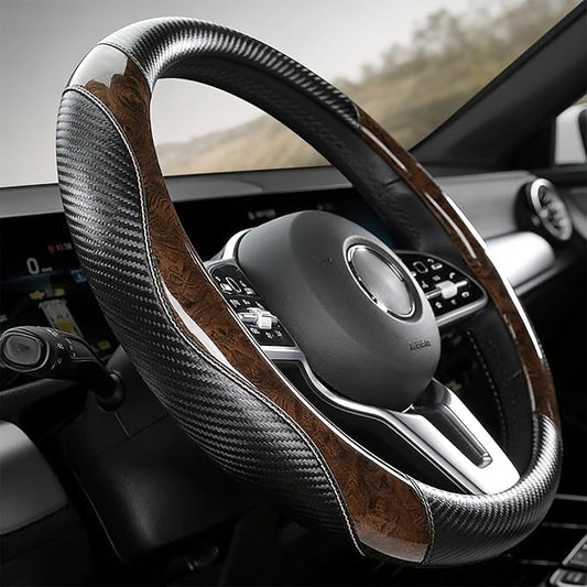 Wood Grain Steering Wheel Cover Carbon Car Steering Wheel Covers 14 1/2-15 inch with Coasters Microfiber Leather Splicing Breathable Anti-Slip Durable Universal Steering Wheel Protective
