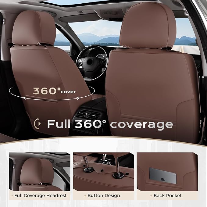 Coverado Front Seat Covers, Luxury Faux Leather Durable Anti-Scratch Cushions, Universal Fit for Cars, SUVs, Pickups, Waterproof Automotive Seat Covers, Car Accessories – Brown