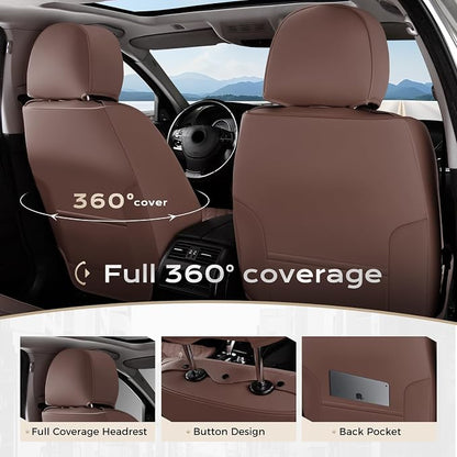 Coverado Full Set Car Seat Covers, Brown Leather Seat Protectors for Cars, Waterproof Luxury Front & Back Car Seat Covers, Universal Fit for Most Cars-Brown