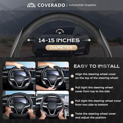 Coverado Nappa Leather Steering Wheel Cover Universal 14-15 Inch Anti-Slip Breathable Steering Wheel Protector Luxury Auto Decor for Men Women Black Gray