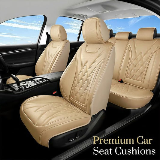 Car Seat Covers Compatible with Hyundai Kona 2018-2025 2026 - Full Set 5 Seats Luxury Leather All-Weather Seat Cushions & Protectors, Waterproof & Breathable, Airbag Compatible (Beige)