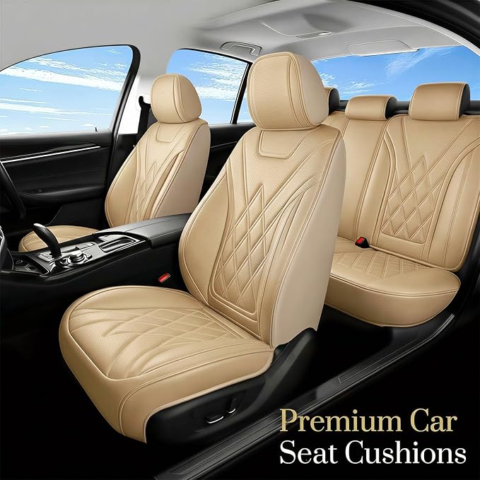 Car Seat Covers Compatible with Hyundai Tucson 2010-2025 2026- Full Set 5 Seats Luxury Leather All-Weather Seat Cushions & Protectors, Waterproof & Breathable, Airbag Compatible (Beige)