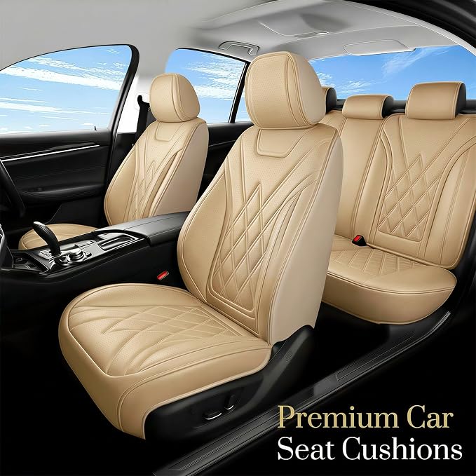 Fit Santa Fe Car Seat Covers for Hyundai Santa Fe 2009-2025 2026 - Luxury Leather, Anti-Slip, All-Weather, Waterproof & Breathable, Airbag Compatible, 2 Front Seats Only (Beige)