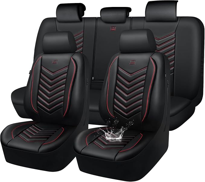 CAR PASS 3D Foam Faux Leather Seat Covers Full Set, Red Waterproof Leather Seat Cover for Cars,Luxury Universal Fit for SUV Truck Sedan Automotive,Armrest Airbag Compatible Anti-Slip,Black and Red