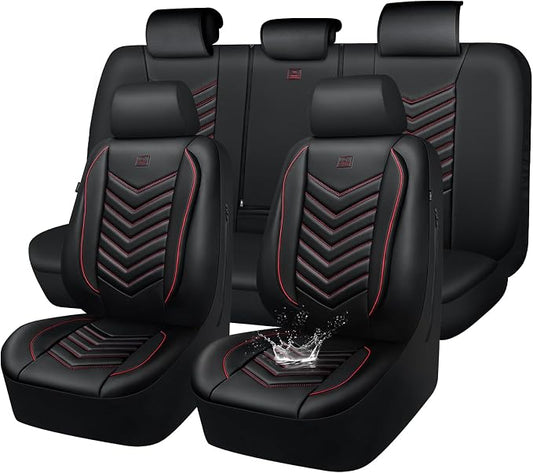 CAR PASS 3D Foam Faux Leather Seat Covers Full Set, Red Waterproof Leather Seat Cover for Cars,Luxury Universal Fit for SUV Truck Sedan Automotive,Armrest Airbag Compatible Anti-Slip,Black and Red