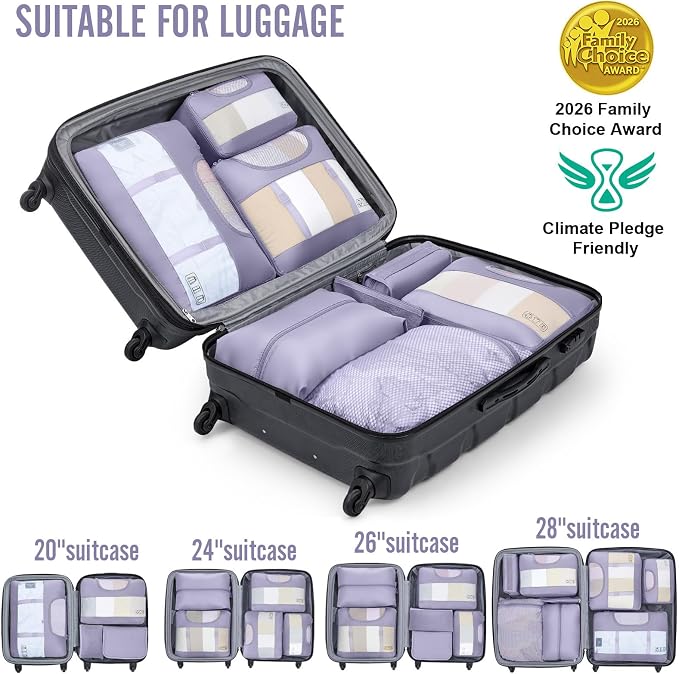 Veken 8 Set Packing Cubes for Travel Essentials,Anti-Wrinkle Buckled Suitcase Organizer for Shoe & Toiletry Bag,Carry On Luggage Bag with 99+ Count Mesh Holes for Airplane & College Dorm Accessories