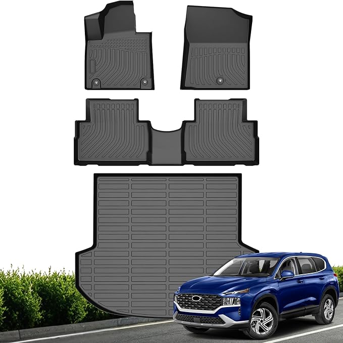 Floor Mats & Cargo Liner for 2021 2022 2023 Hyundai Santa Fe (Not for Hybrid), All Weather TPE Floor Liners Custom Fit Santa Fe Heavy Duty Car Mats 1st & 2nd Row & Trunk Mat Accessories Black