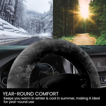 Andalus Brands Luxury Fluffy Car Steering Wheel Covers – Genuine Merino Sheepskin, Soft Fuzzy Car Steering Wheel Cover for Women, Universal 14.5-15" Size, Plush Fur Cute Auto Accessories, Carbon Black