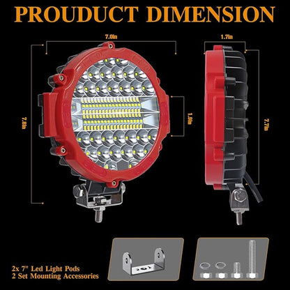 2PCS 201W Led Pod Lights, LikeSafe 7 Inch Round LED Light Bar, 21000lm Off Road Lights Vehicle Accessories for Truck Tractor SUV ATV UTV with Wiring Harness, Red