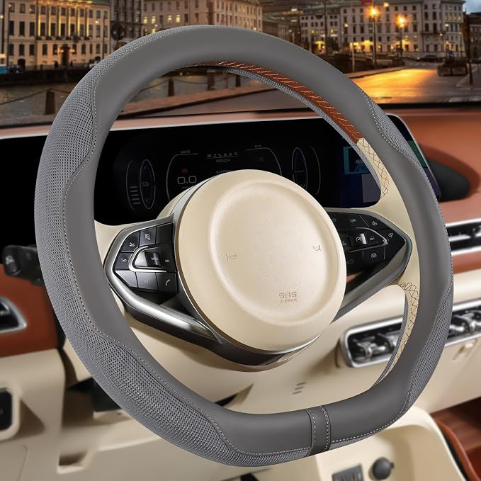 14 inch D Shaped Steering Wheel Cover for Prius Civic, Nappa Microfiber Leather Non-Slip Breathable Fabric, Warm in Winter and Cool in Summer, Gray Small 13.5 inch to 14 inch