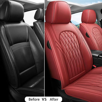 WELLDO Nappa Faux Leather Car Seat Covers Full Set, Burgundy | Waterproof, Non-Slip Seat Protector, 0.28in Thickened Cushion, Airbag Compatible, Universal for Cars SUV Truck Pickup