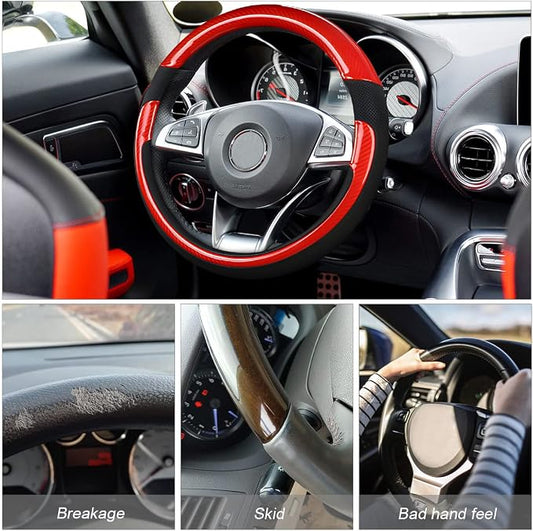 Universal Steering Wheel Cover - Microfiber Leather, 15 Inch, Anti-Slip, Breathable, Odorless Car Steering Wheel Protector, SUV Accessories (Bright Black/Red)