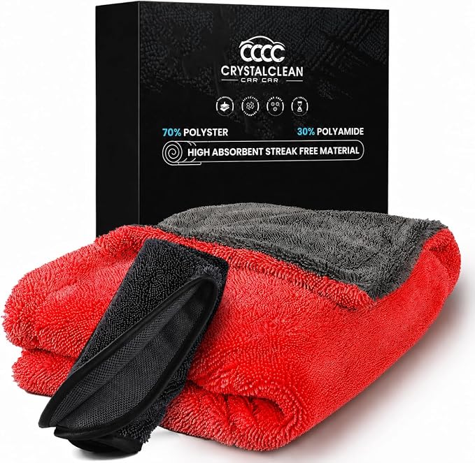 Crystal Clean 1300GSM Microfiber Towels for Cars – XL Drying Towel with Double Twisted Loop, Professional Detailing Towel Car Detailers - Quick Dry, Paint Safe & Swirl-Free (Grey+Red)
