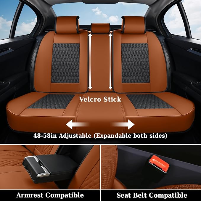Coverado Car Seat Covers Full Set, Nappa Leather Seat Covers for Car, Waterproof Car Seat Protector with Lumbar Support, Automotive Seat Covers Universal Fit for Most Cars SUV Trucks (Brown-Black)