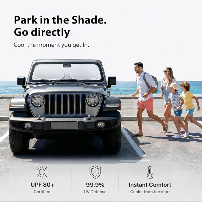 Upgraded Windshield Sun Shade for Jeep Wrangler 2000-2026 and Jeep Gladiator [Super Heat Insulation, 99.9% Sun Protection] Foldable Sunshade with Storage Bag, Car Accessories, XS (59 x 21 in)