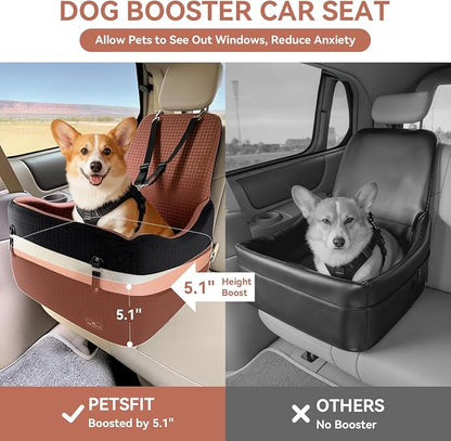 PETSFIT Dog Car Seat for Small/Medium Dogs Up to 35 lbs – Patented Safety System, 5" Memory Foam Pet Booster Car Seat, Fully Detachable and Washable Dog Carseat with 2 Storage Pockets (Black/Brown)