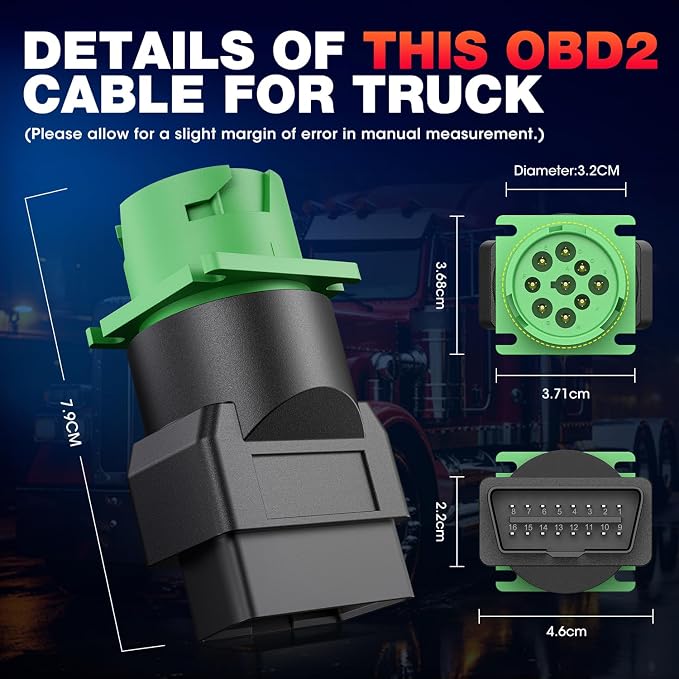 Autel Original OBD2 Male to Green J1939 Type 2 Female Adapter, 16pin OBDII to 9pin for Truck Freightliner Code Reader, ELD Tracker, Diagnostic Scanner Device, Plug and Play with High Speed