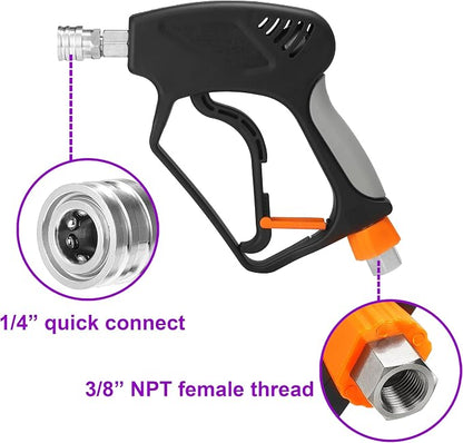PWACCS Short Pressure Washer Gun with Swivel, 5000 PSI, Black | Power Washer Short Gun, 3/8" Quick Connector, M22 14mm/15mm Fitting, 5 Nozzle Tips with Holder