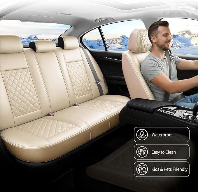 Car Seat Covers Compatible with Hyundai Elantra 2017-2025 2026 - Full Set 5 Seats Luxury Leather All-Weather Seat Cushions & Protectors, Waterproof & Breathable, Airbag Compatible (Beige)