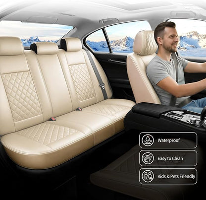 Car Seat Covers Compatible with Hyundai Elantra 2017-2025 2026 - Full Set 5 Seats Luxury Leather All-Weather Seat Cushions & Protectors, Waterproof & Breathable, Airbag Compatible (Beige)