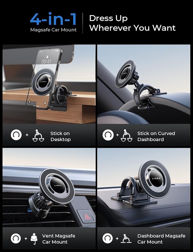 LISEN for Magsafe Car Mount, Magnetic Phone Holder for Car Vent Phone Mount, Hands Free Phone Mount for Car Accessories Dashboard Windshield Vent Cell Phone Holder for iPhone Car Mount Silver Kits