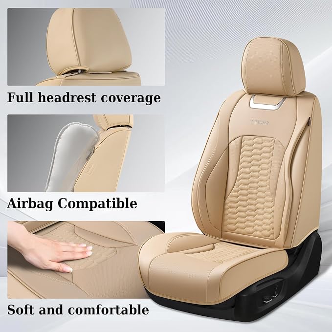 Coverado Car Seat Covers Front Seats, Luxury Leather Seat Covers for Cars, Automotive Car Seat Covers Protector Universal Fit Most Sedans, SUVs, Pick-up Trucks Interior Accessories(Beige)