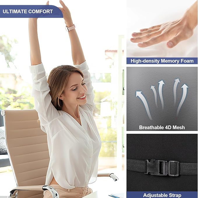 Cooling Lumbar Support Pillow for Car,Memory Foam Car Seat Back Support Pillow for Summer Driving,Cool-Touch Back Cushion with Strap for Pain Relief,Ergonomic Back Cushion for Chair(Gray Cooling)