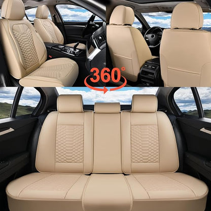 Coverado Car Seat Covers Full Set, Waterproof Nappa Leather Seat Covers for Cars, Universal 5 Seats Car Seat Covers, Front and Back Car Seat Protector, Auto Seat Covers Fit for Most Cars, Beige