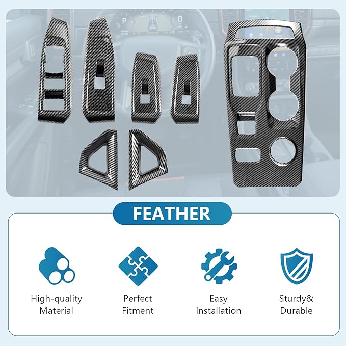 Central Control Gear Shift Panel Trim Cover Compatible with Ford Ranger Raptor 2024 2025, with Center Console Side Armrest Trim, Window Lift Switch Panel Cover