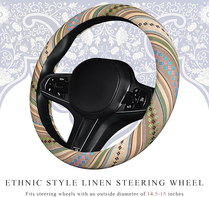 Boho Car Steering Wheel Cover, Ethnic Style Anti-Slip Coarse Flax Cloth Auto Wheel Cover, Bohemian Steering Wheel Protector for Most SUVs Vans Trucks, Car Accessories (Style G)
