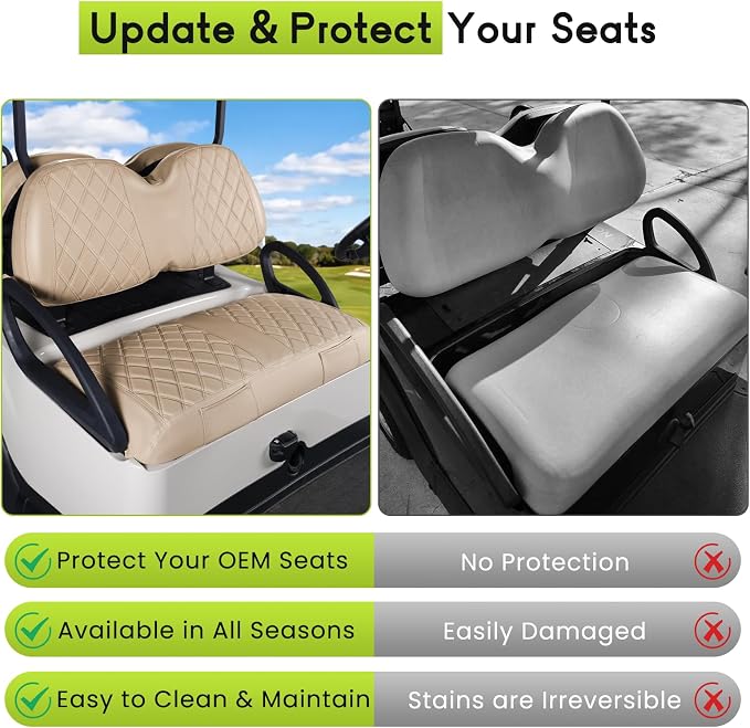 Full Set Golf Cart Seat Covers for Club Car Tempo OEM, Beige | Front & Rear Set (2-Piece), Premium Vinyl Leather Replacement Standard Cushion Covers, No Tools Needed & Easy to Clean