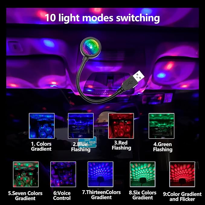 USB Projector Night Light,4 Colors & 9 Functional Modes Car Roof Lights,Flexible Adjustable Interior Starlight Lamps, Portable LED Atmosphere Lights for Auto Decor,Bedroom,Ceiling, Party