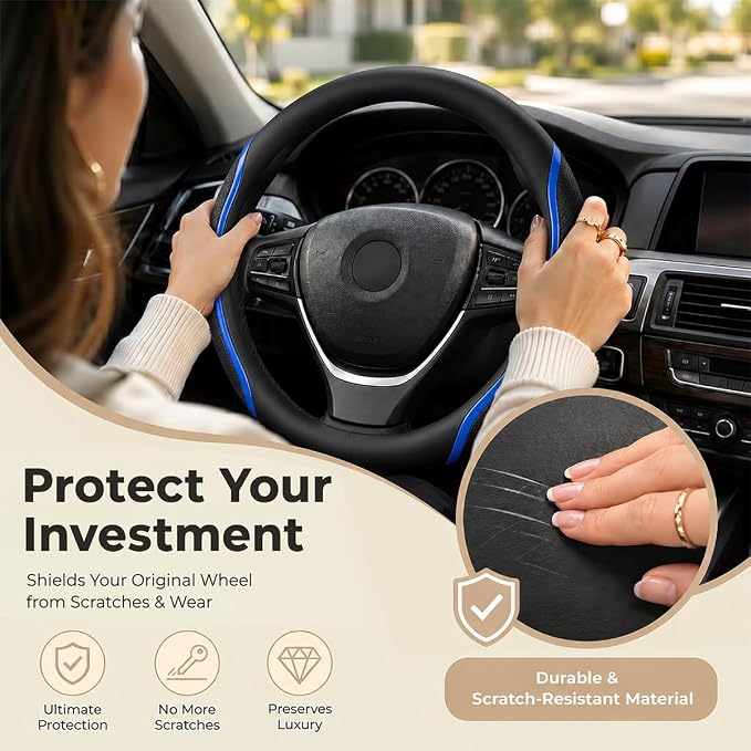 Steering Wheel Cover Blue, Carbon Fiber Car Steering Wheel Covers with Coasters Universal 14.5-15 inch Leather Microfiber Breathable Anti-Slip Steering Wheel Accessories Set